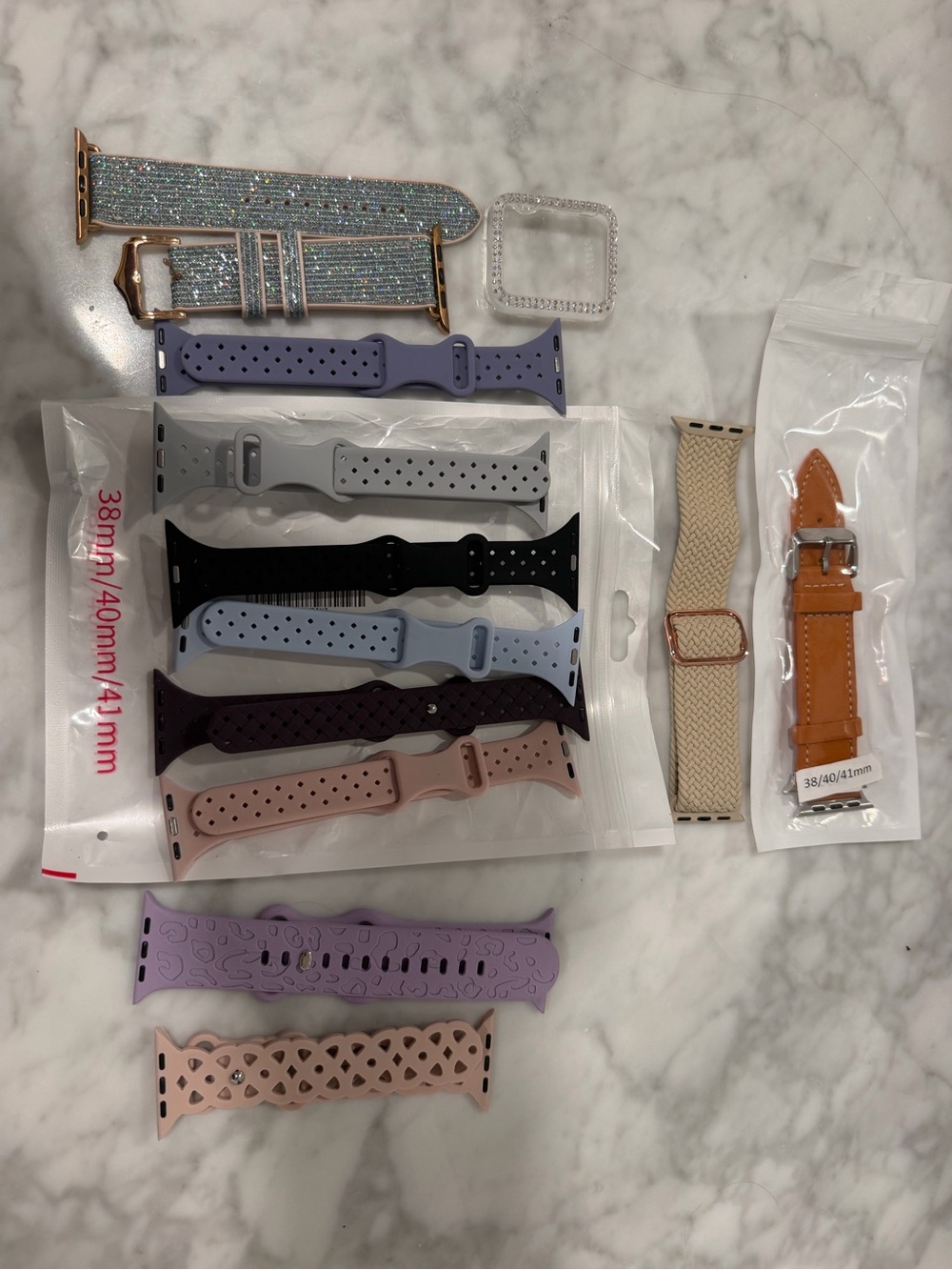 Assorted Silicone and Leather Apple Watch Bands - Lilac, Pink, Black, Gray, Tan